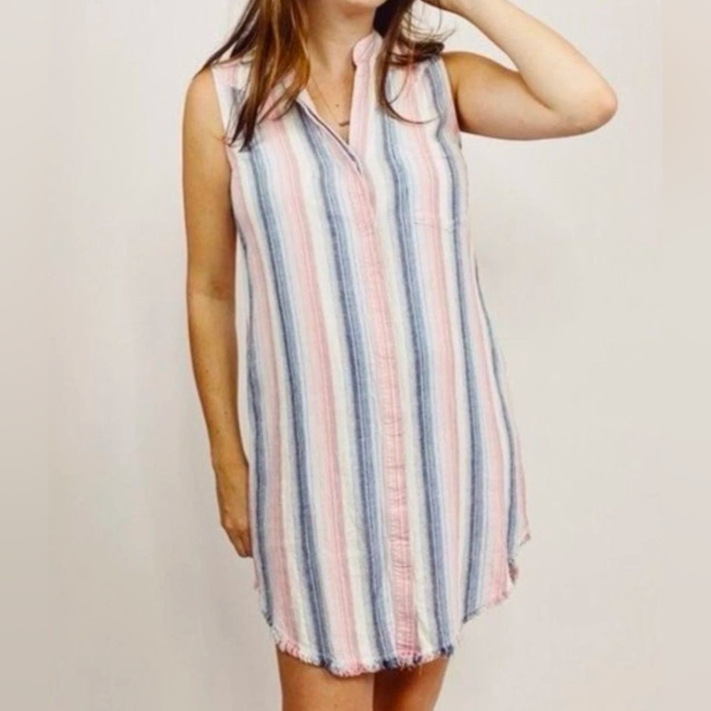 Cloth & Stone Pink White Blue Striped Sleeveless Button Down Fray Hem Dress Sz M